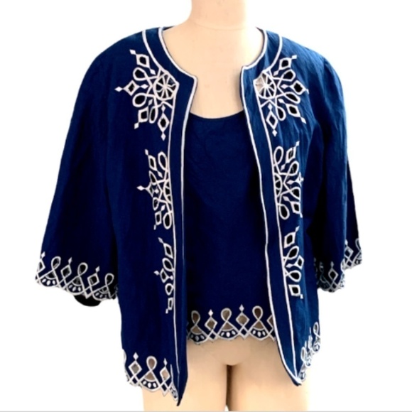 VTG Bob Mackie Wearable Art M Linen Blend Twinset Embroidery Cutouts Blue #235H - Picture 2 of 8